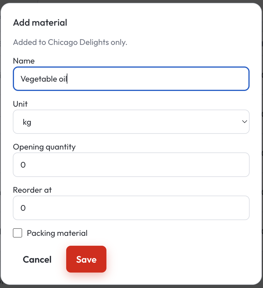 Add material for vegetable oil in kilograms