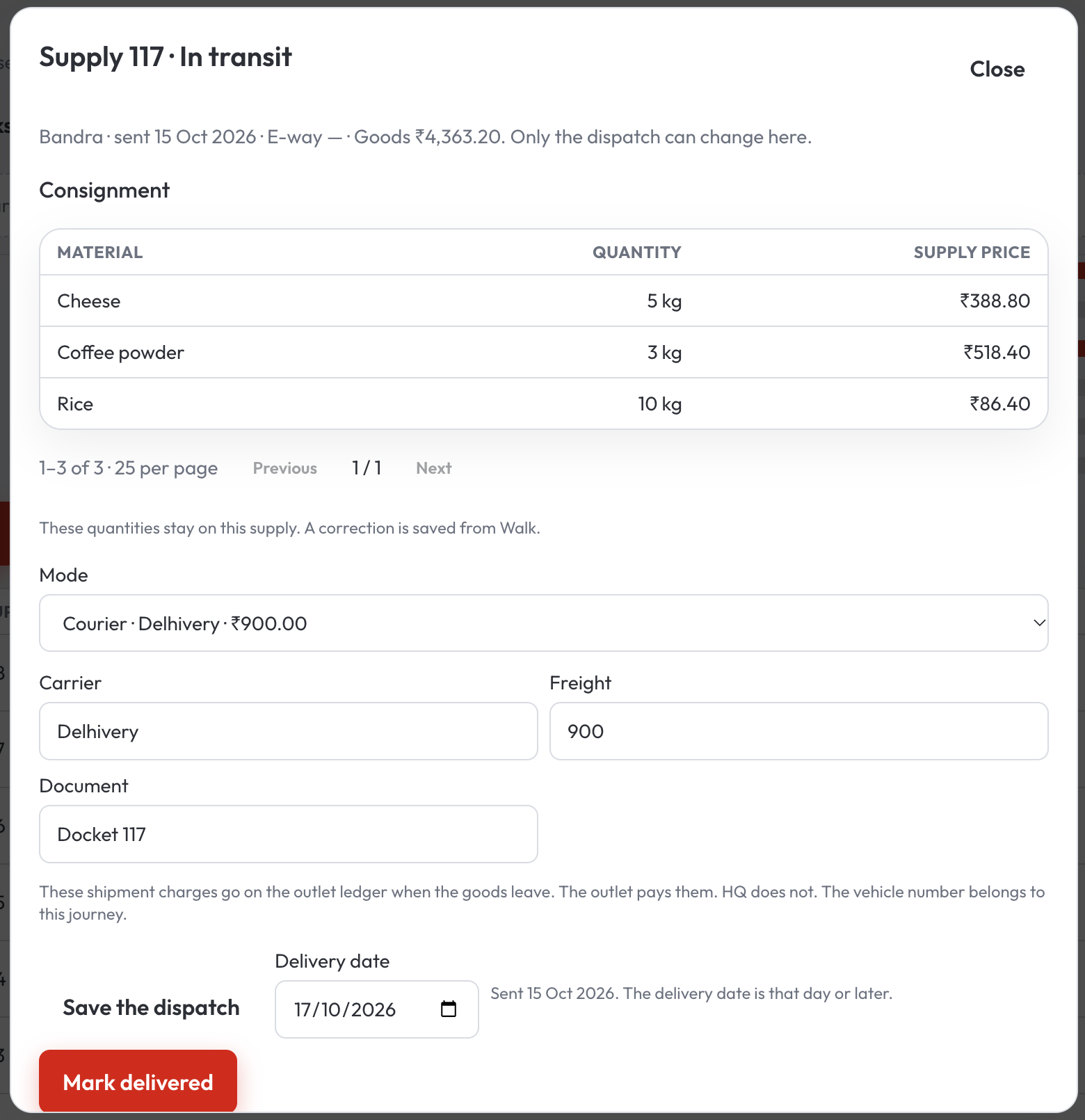 Supply 117 consignment with courier Delhivery, freight, docket, and mark delivered