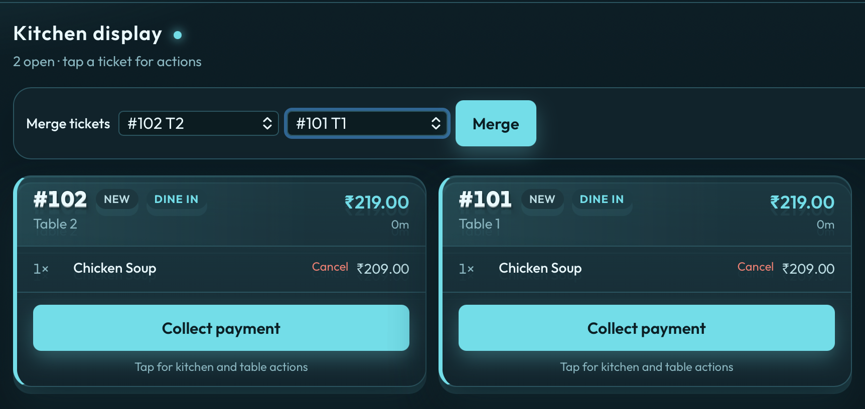 QuickKOT merge tickets in Aqua — Merge tickets from #102 Table 2 into #101 Table 1