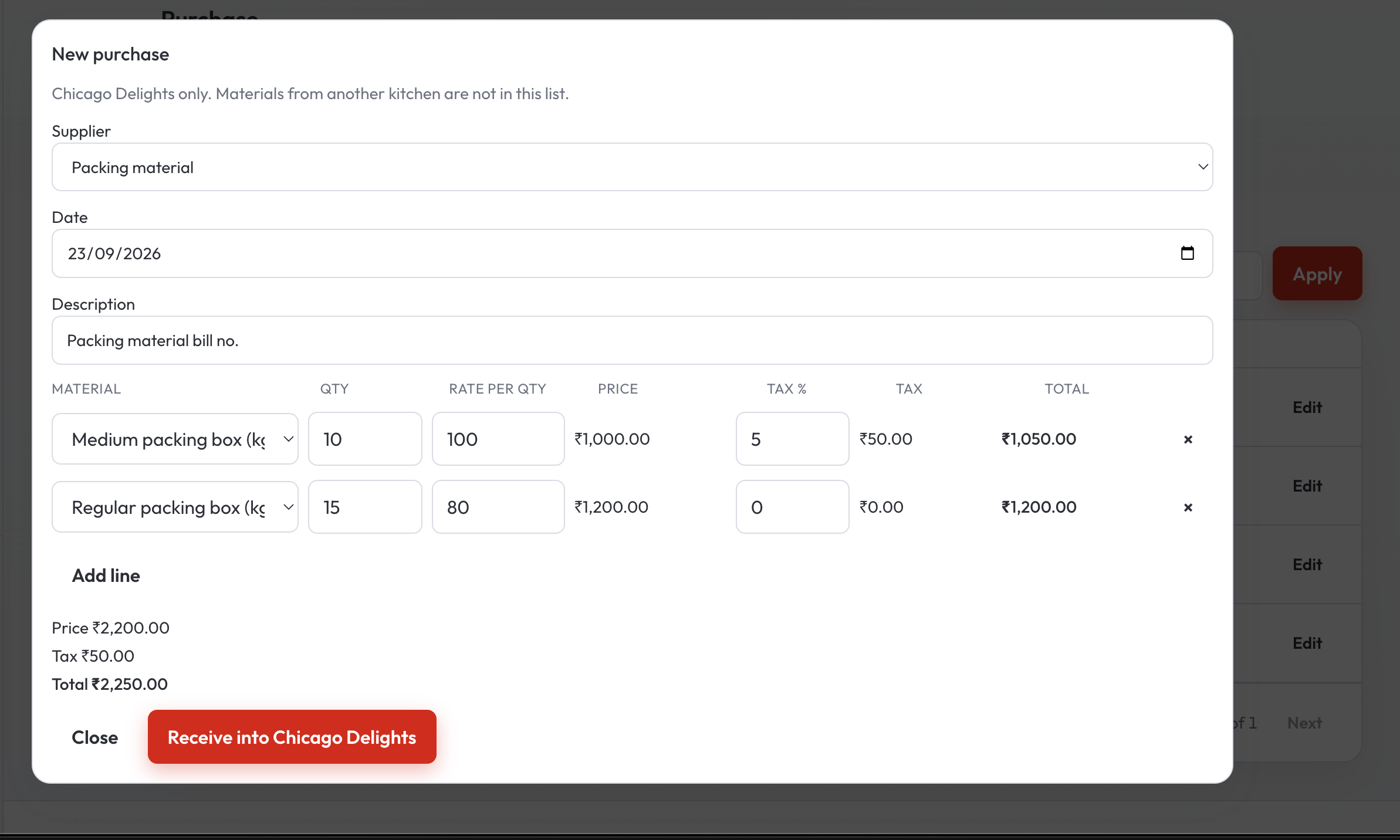 New purchase with packing boxes, quantity, rate, and tax
