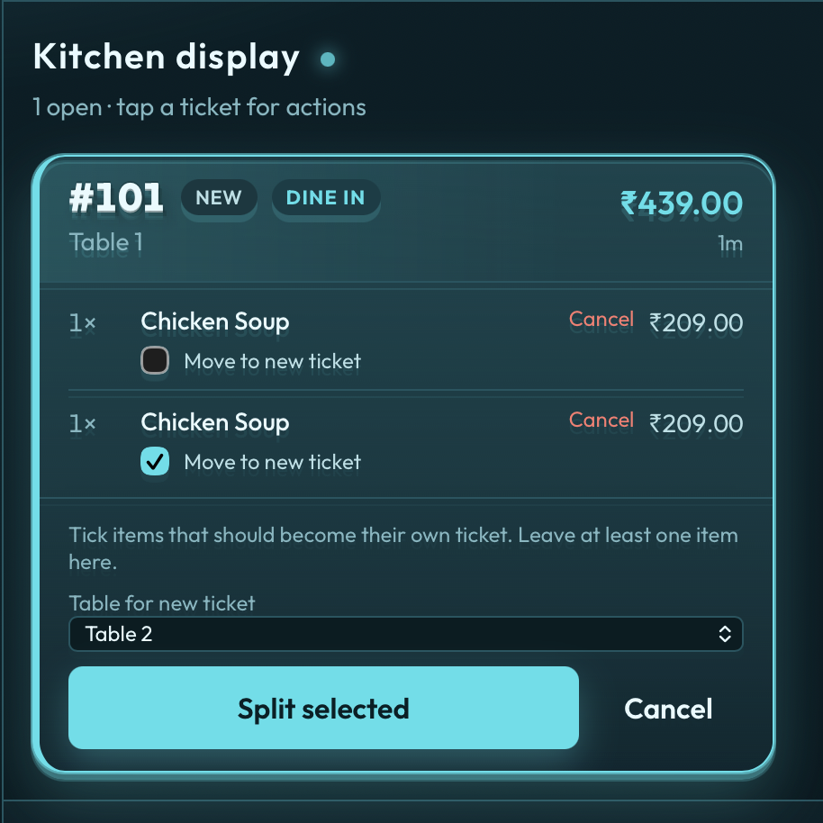 QuickKOT split ticket in Aqua — tick Move to new ticket, pick a free table, Split selected